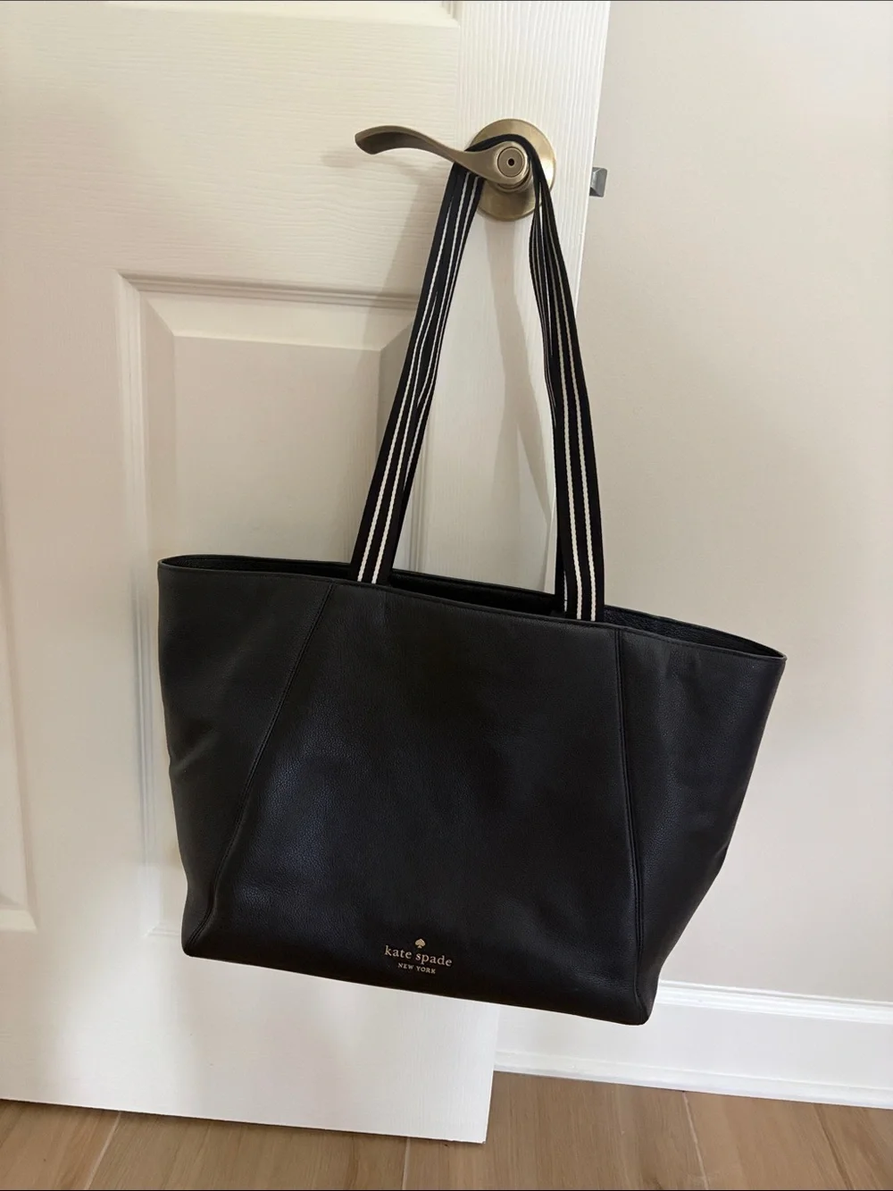 kate spade Black Pebbled Leather Tote with Striped Shoulder Straps